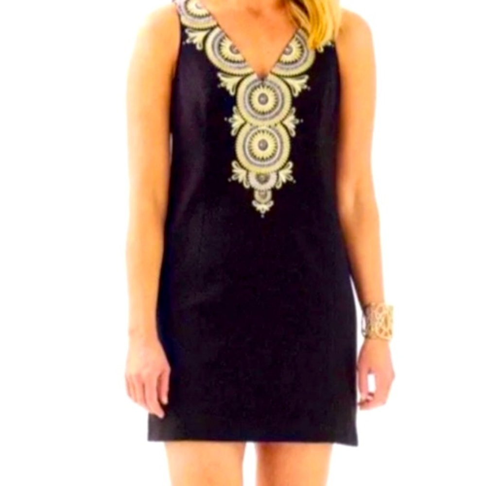 Lilly Pulitzer gabby beaded black shift gold embroidered dress preppy fall